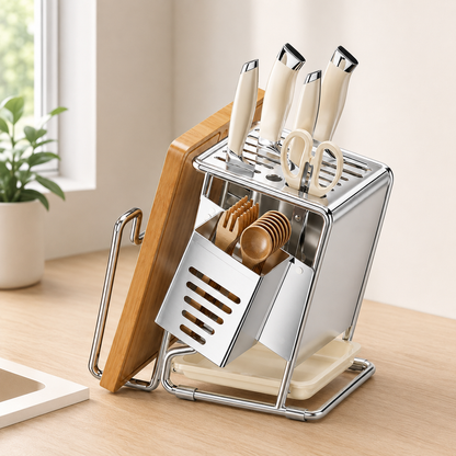 Angled Kitchen Knife Holder with Chopping Board & Chopstick Rack