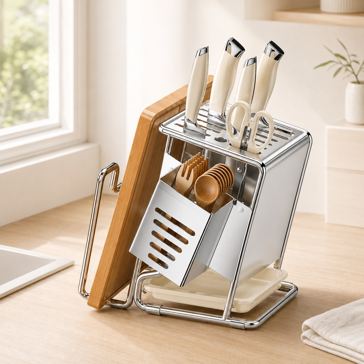 Angled Kitchen Knife Holder with Chopping Board & Chopstick Rack