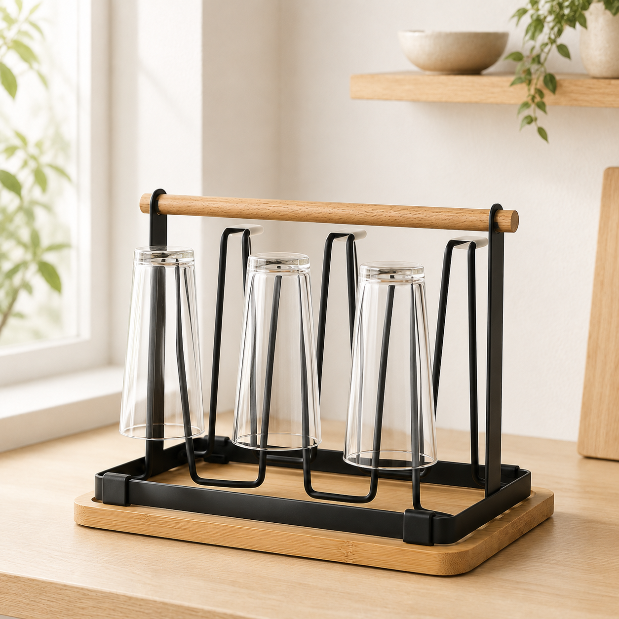 Japanese-Style Glass & Mug Drying Rack with Removable Drain Tray
