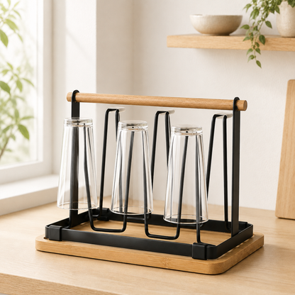 Japanese-Style Glass & Mug Drying Rack with Removable Drain Tray